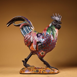 Chinese antique handmade exquisite rare pure copper cloisonne enamel rooster statue ornaments