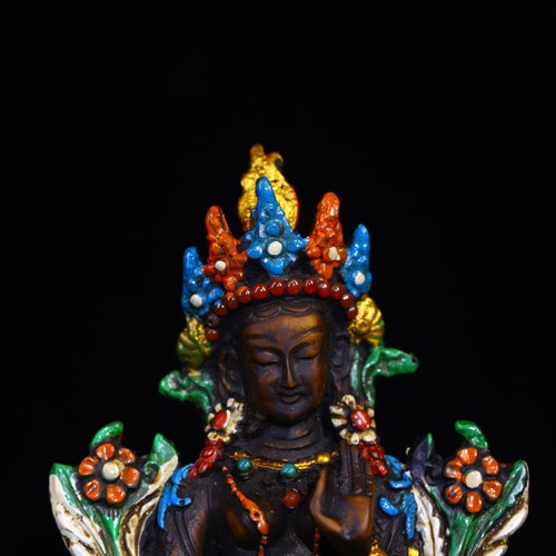 Chinese Antique Collection Handcrafted Exquisite Rare Yak Bone Inlaid Gemstone shops Dzi Bead Tara Buddha Statue Ornament