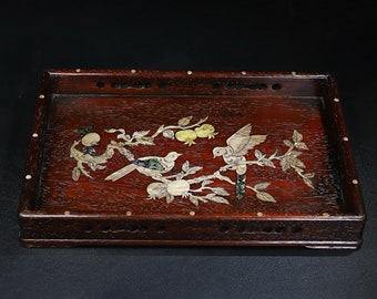 Chinesisches antike reine handgeschnitzte exquisite seltene rote Sandelholz eingelegte Schale Vogel Stepping Blumenzweig Teetablett Tablett Ornamente