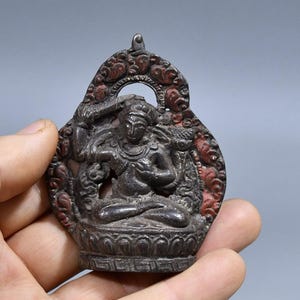 Chinese antique handmade exquisite pure copper sword holding Manjusri Buddha pendant