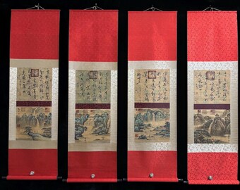 Chinesische Antiquitätensammlung Nr. ZA11: Exquisites vierteiliges Landschaftsgemälde und Kalligrafie