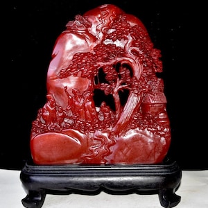 Chinese antique pure hand-carved exquisite rare Shoushan stone red field yellow stone Songxia Yaju statue ornaments