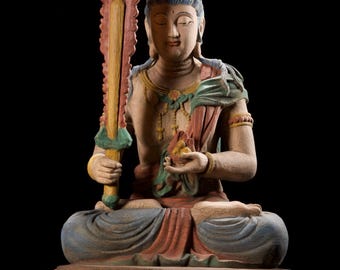 Gran estatua de madera exquisitamente tallada a mano del Bodhisattva Akasagarbha, una antigüedad china.