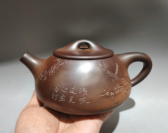 Exquisita tetera/adorno de arcilla púrpura china antigua pintada a mano