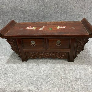 Chinese antique hand-carved rosewood inlaid shell fish lotus two-drawer cabinet ornaments