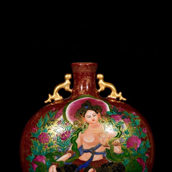 Chinese Antique, Exquisitely Hand-painted Enamel Thangka Buddha