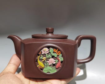精巧な中国のアンティーク粘土絵の四角い透かし彫りのティーポット/ティーポットの装飾品。