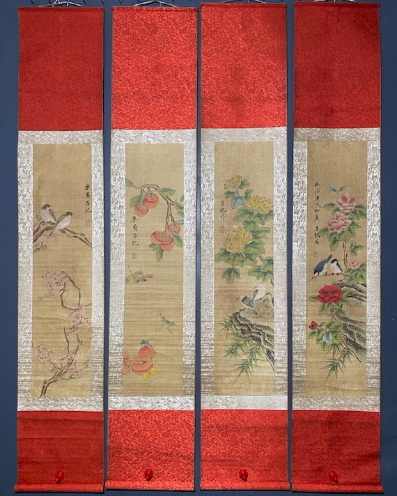 中国骨董コレクション No. 04384 精巧で希少な花鳥書画四曲屏風 - Etsy
