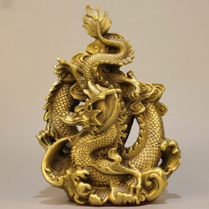 Chinese antique handmade exquisite and rare pure copper gilt water dragon statue ornaments