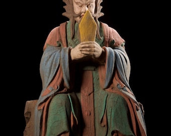 Large, exquisitely hand-carved wooden Dragon King Buddha statue, Chinese antique.