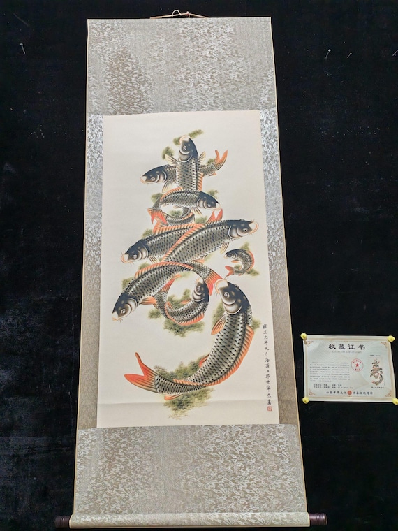 Chinese Antique Collection No. AQL33: Exquisite Nine Fish Painting and Calligraphy