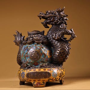 Chinese antique handmade pure copper cloisonné enamel colored treasure dragon statue ornaments