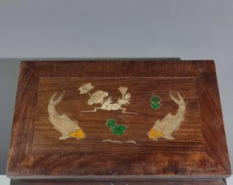 Chinese antique rosewood tea table inlaid with seashells and featuring a double fish playing with lotus motif, purely hand-carved.