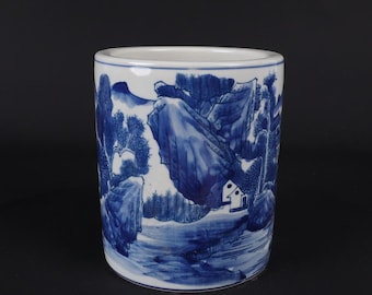 Exquisite Chinese antique blue and white porcelain brush holder with landscape design, hand-painted.