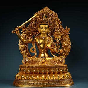 Chinese antique pure handmade large exquisite rare pure copper gilt high relief engraved Manjusri Bodhisattva Buddha statue ornaments