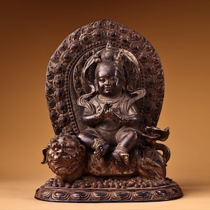 Chinese antique handmade exquisite pure copper high relief engraved Manjusri Bodhisattva Buddha statue ornaments