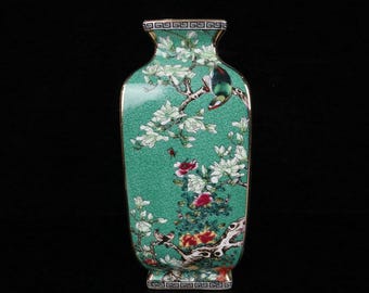 Exquisite Chinese antique enamel-painted square vase with floral and bird design, entirely handcrafted.