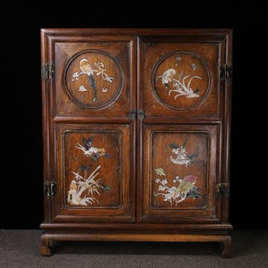 Chinese antique pure hand-carved large exquisite rosewood inlaid shell plum orchid bamboo chrysanthemum multi-treasure cabinet ornaments