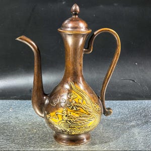 Chinesische antike handgefertigte exquisite Kupferdrache und Phoenix verheißungsvolle Teekanne und Weintopf Ornamente