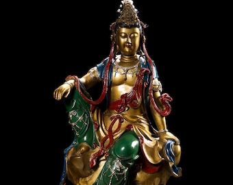 Exquisite handcrafted pure copper painted Guanyin Buddha statue from Chinese antiques.