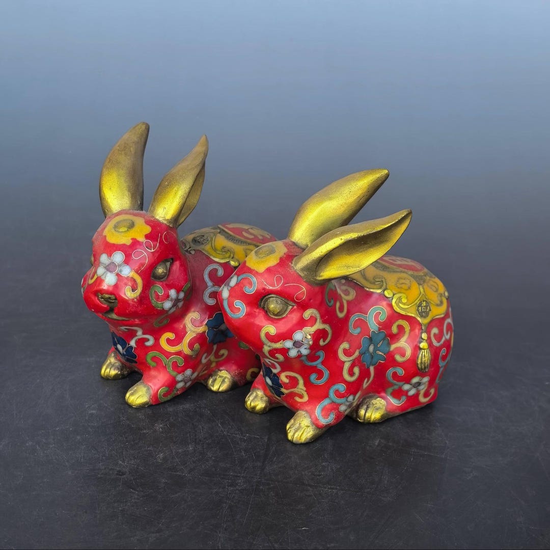 Exquisite and Rare Pure Copper Cloisonné Rabbit Statue, Handcrafted ...