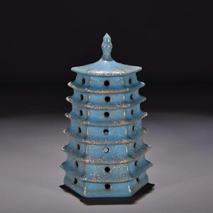 Chinese antique pure hand-painted exquisite rare Ru kiln sky blue glaze Wenchang Pagoda ornaments