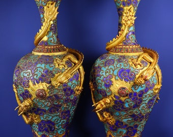 A pair of Chinese antique hand-made large exquisite and rare gilt copper inlaid gem-burned blue dragon bottle ornaments