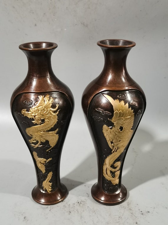 中国の骨董品職人が手作りした、精巧で希少な純銅製の龍と鳳凰の