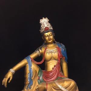Chinese antique pure hand-made exquisite rare pure copper painted free Guanyin Bodhisattva Buddha statue ornaments