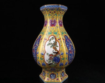 Exquisite Chinese antique enamel-painted hexagonal vase with floral and bird design, entirely handcrafted.