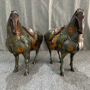 A pair of large, exquisite, rare, pure copper cloisonné enamel Tang Dynasty horse statues, handcrafted from antique China.