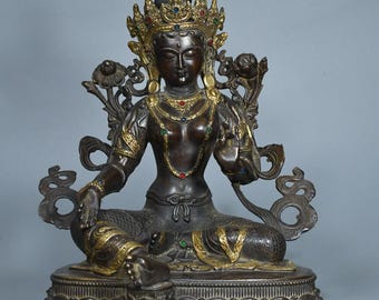 Exquisite, handcrafted solid copper Green Tara Buddha statue—an antique-style decorative piece.