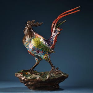 A rare and exquisite handcrafted Chinese antique copper high relief engraved cloisonné enamel rooster statue