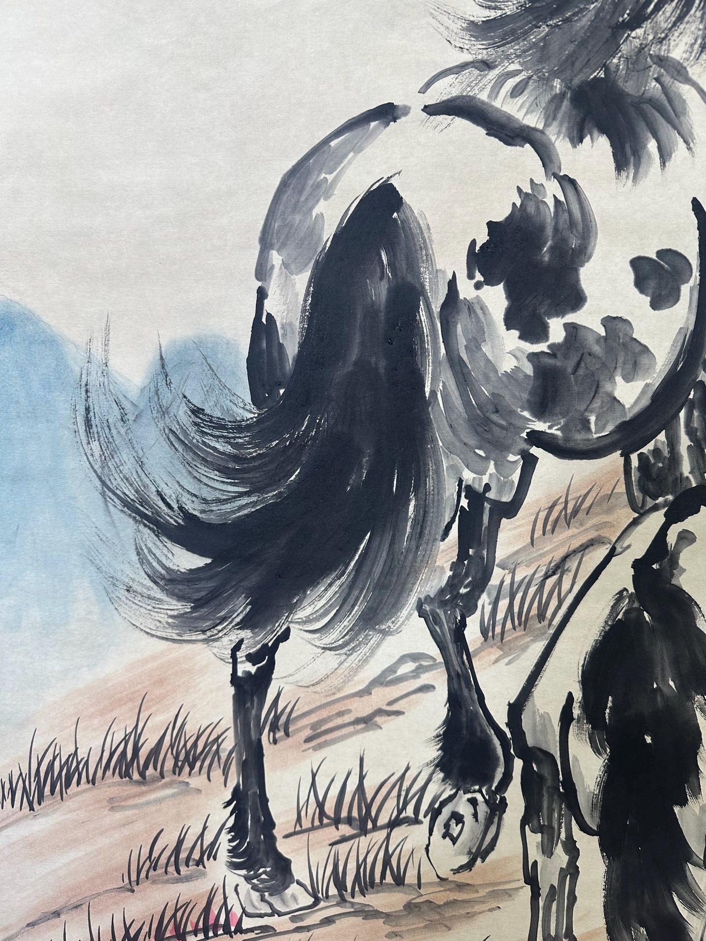 中国骨董品コレクション第AX32号：疾走する馬を描いた精緻な絵画と書