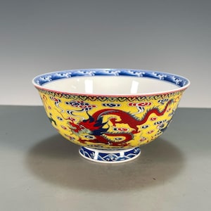 Antique Chinese Dragon Bowl, Hand-Painted Yellow Glaze, Polychrome Enamel