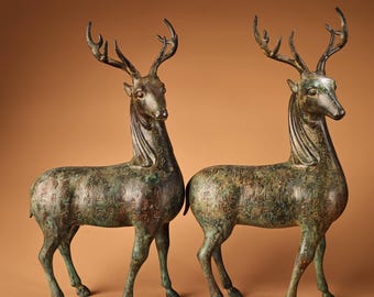 A pair of exquisite and rare bronze inscribed deer statues, handcrafted purely by hand, from Chinese antiques.