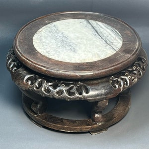 Chinese antique hand-carved exquisite and rare ebony inlaid marble panel base flower stand ornaments