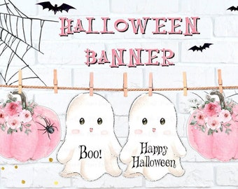 Cute Ghost Halloween Banner, Pink Halloween Party Supplies, Baby Shower, Pink Ghost Banner, Halloween Birthday Party Decor, Instant Download