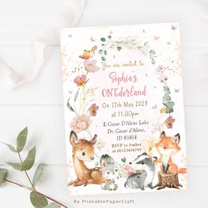 Invito floreale per bambina nel bosco, invito per compleanno nel bosco, invito per baby shower nel bosco, decorazioni per feste nel bosco, articoli per feste nel bosco
