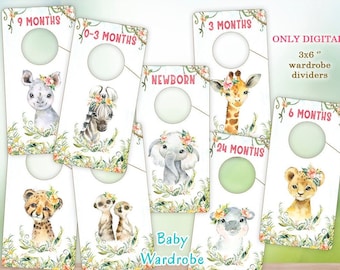 Safari Nursery Closet Dividers, Baby Closet Organizer, Baby Wardrobe Dividers Girl Baby Shower Gift, Safari Animals Clothes Dividers Digital