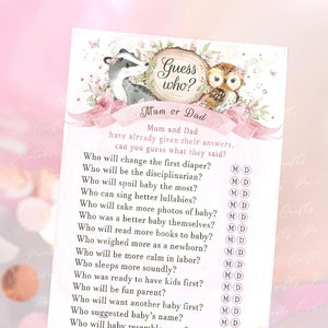 Woodland Baby Shower Game, &#39;Mom or Dad&#39; Baby Shower Game, Woodland Girl Party Supplies, Blush Pink Baby Shower, Woodland Party Decor Digital