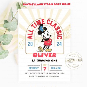 Invito festa di compleanno, Forniture per feste di compleanno magiche, Decorazioni per il primo compleanno, Invito compleanno ragazzo, Steamboat Willie, Baby Shower, Digitale