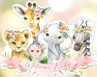Safari Animals Baby Shower, Girl Safari Animals Cake Topper, Girl Jungle Safari Animals Party, Girl Baby Shower Party Supplies, Printable