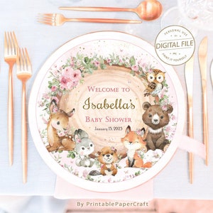 Woodland Girl Party Supplies, Woodland Charger Plate Insert, Girl Baby Shower Decor, 1e verjaardag, Woodland Animals Party Decor, Digitaal