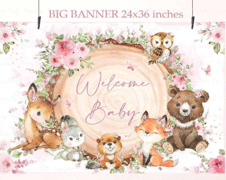 Woodland Baby Shower Backdrop Welcome Baby Shower Sign Baby Shower Party Decor Woodland Girl Baby Shower Woodland Party