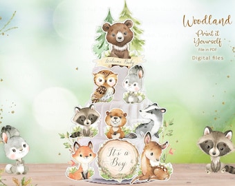 Centros de mesa con temática de bosque, adornos para tartas de pañales con temática de bosque, baby shower con temática de bosque, artículos para fiestas con temática de bosque, decoración para fiestas con animales del bosque, imprimible