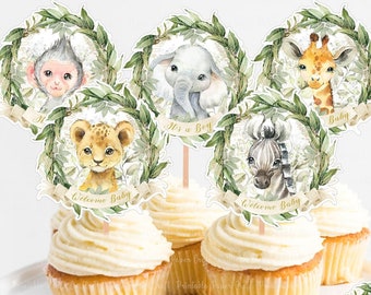 Baby Shower de animales de safari, adornos para tartas de la jungla, adornos para cupcakes de safari, suministros para fiestas de baby shower, baby shower de la jungla, descarga instantánea