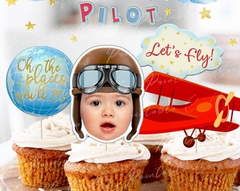Photo Cupcake Toppers, Custom Face Cupcake Toppers, Airplane Birthday Party Decor, Pilot Birthday Toppers, 1st Birthday Party Decor DIGITAL