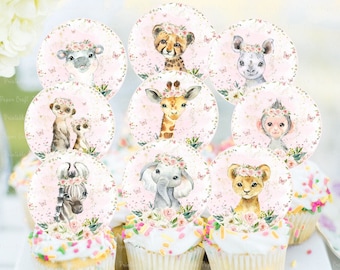 Printable Safari Cupcake Toppers, Safari Girl Baby Shower, Jungle Party Decor, Blush Pink Baby Shower, 1st Birthday Party Supplies, Digital