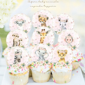 Printable Safari Cupcake Toppers, Safari Girl Baby Shower, Jungle Party Decor, Blush Pink Baby Shower, 1st Birthday Party Supplies, Digital